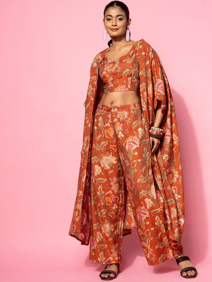 Libas Floral Print Crop Top & Palazzo With Jacket