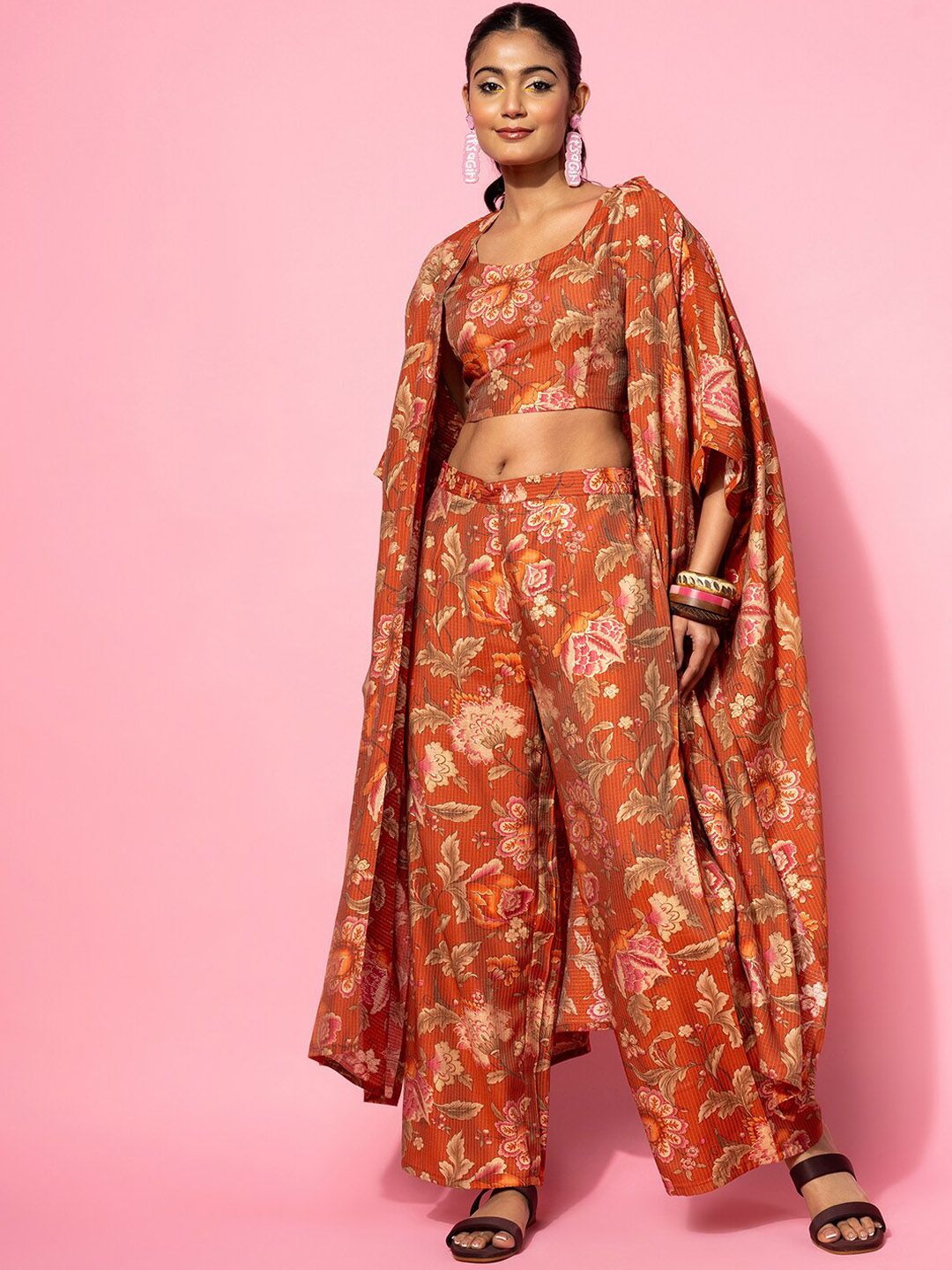 Libas Floral Print Crop Top & Palazzo With Jacket