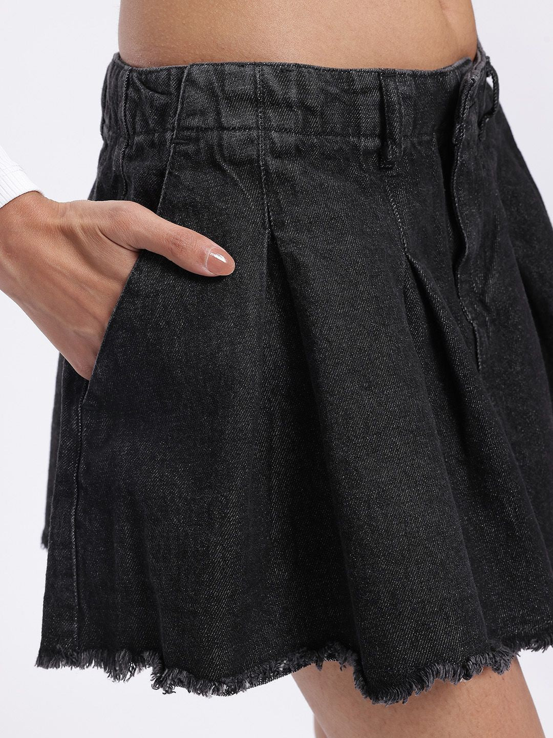 DressBerry Pleated Mini Denim Frayed Flared Skirt