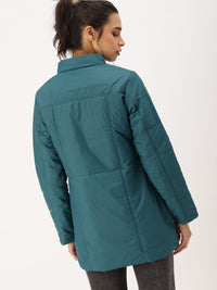 DressBerry Women Teal Blue Solid Windcheater Padded Jacket