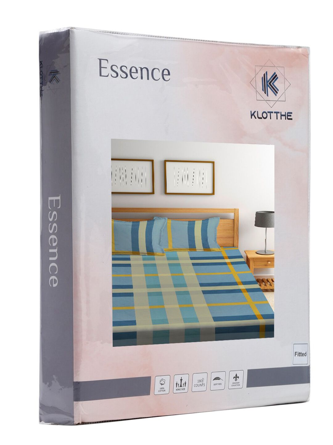 KLOTTHE Blue Geometric 300 TC Fitted Double King Bedsheet Set with 2 pillow coverrs