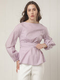 RAREISM Boat Neck Puff Sleeves Cotton Cinched Waist Top