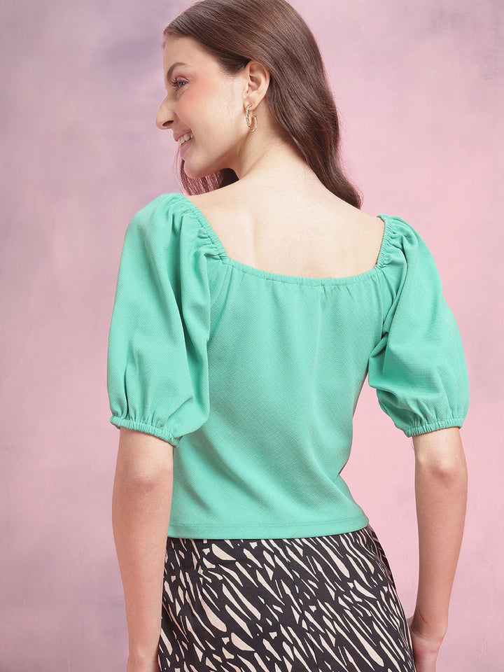 DressBerry Sweetheart Neck Puff Sleeve Textured Paneled Top