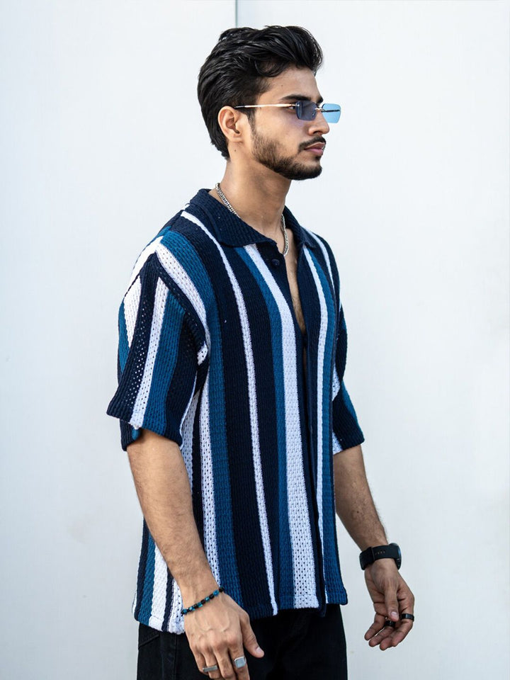 PowerlookIndia Slim Striped Oversized Casual Crochet Shirt