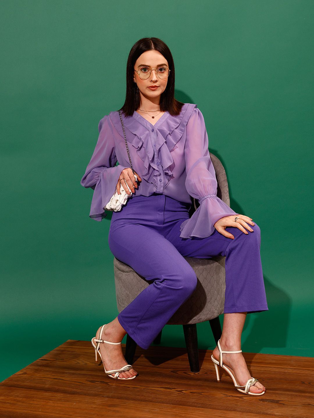 STREET 9 V-Neck Shirt Style Sheer Ruffled Top