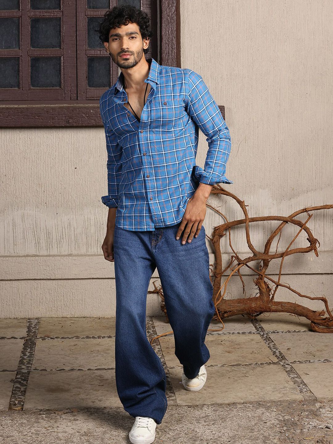 Thomas Scott Premium Slim Fit Tartan Checks Opaque Cotton Casual Shirt