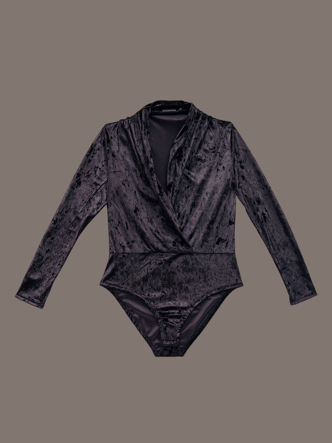 SASSAFRAS Self Design Velvet V-Neck Wrap Bodysuit