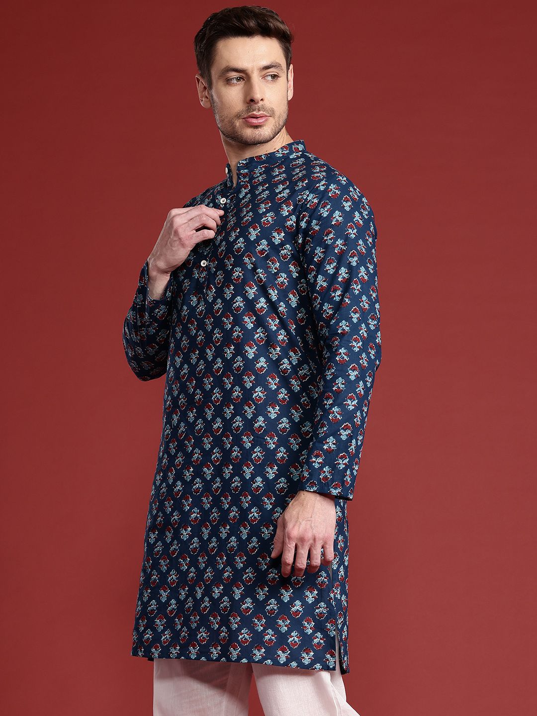 Anouk Mandarin Collar Indie Floral Printed Pure Cotton Kurta