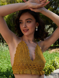 Athena Mustard Yellow Self Design Halter Neck Cotton Crochet Crop Top