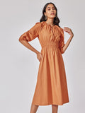 The Label Life Tie-Up Neck Smocked Fit & Flare Cotton Midi Dress