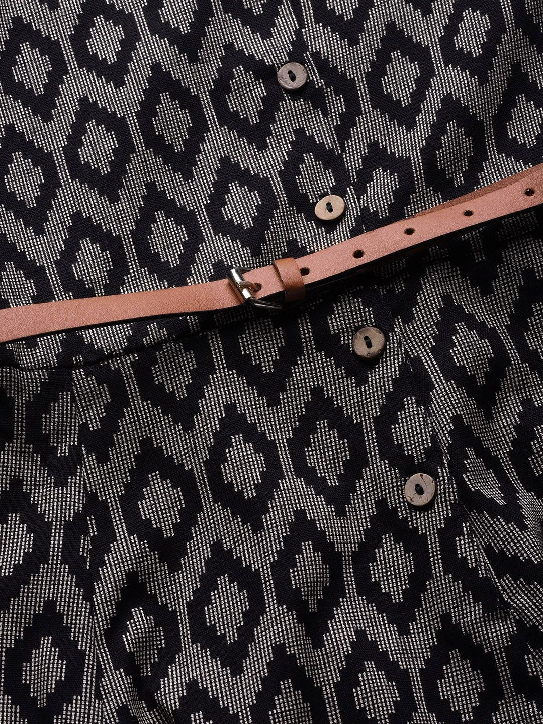 SASSAFRAS Black & Beige Ikat Print Cotton Shirt Dress