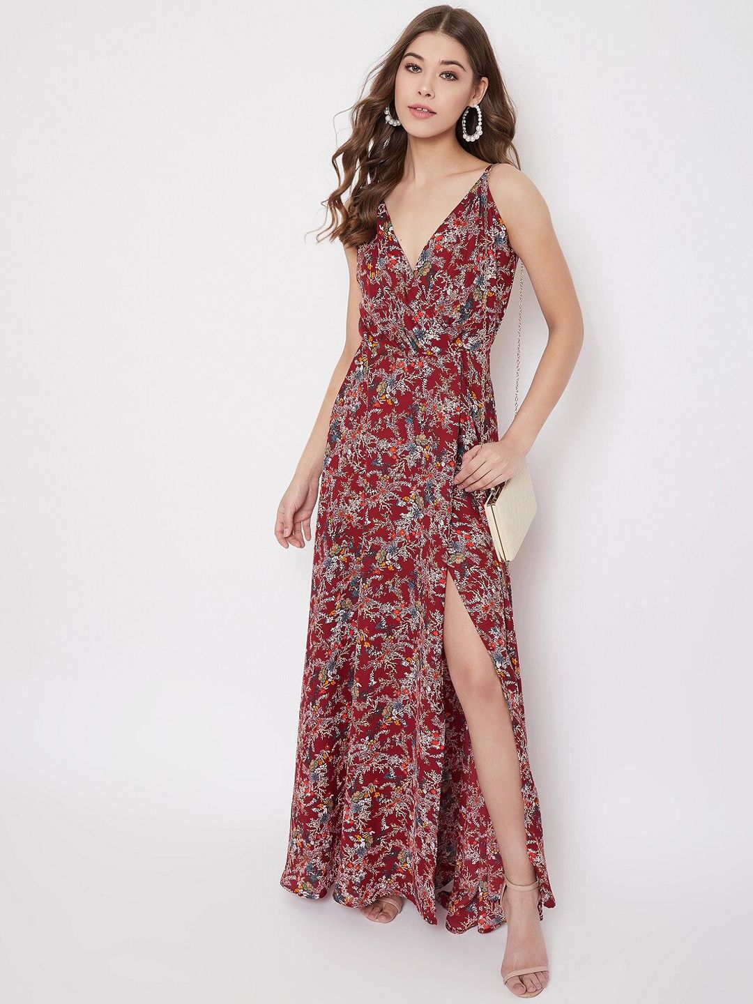 Berrylush Maroon Floral Printed Maxi Dress