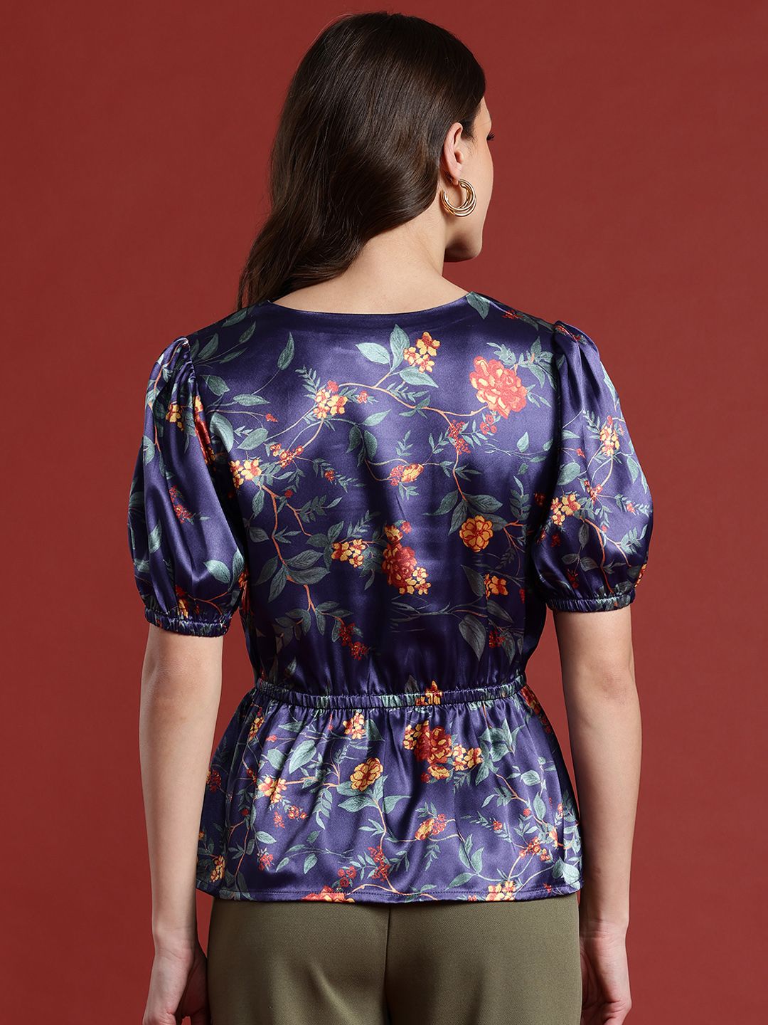 all about you Floral Print Satin-Finish Cinched Waist Top