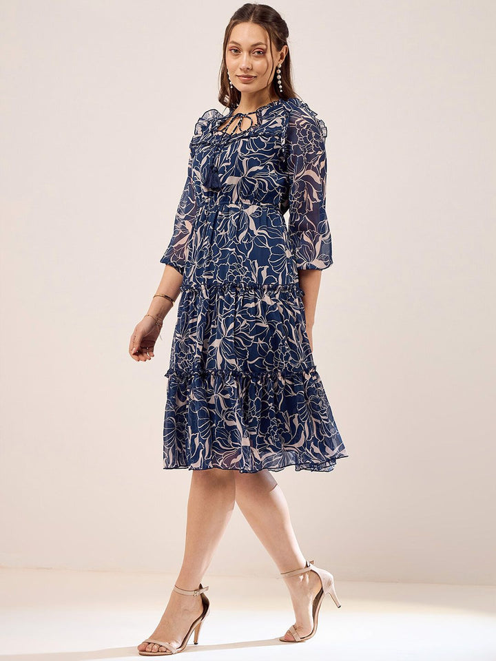 Antheaa Blue Floral Print Tie-Up Neck Cuffed Sleeves Fit & Flare Dress