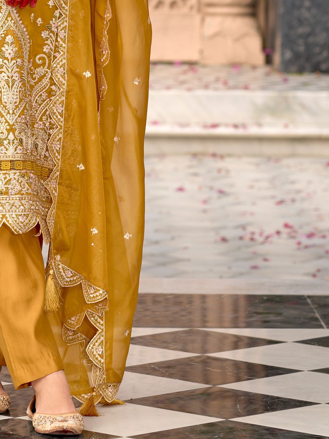 Indo Era Floral Embroidered Zari Organza Kurta With Trousers And Dupatta