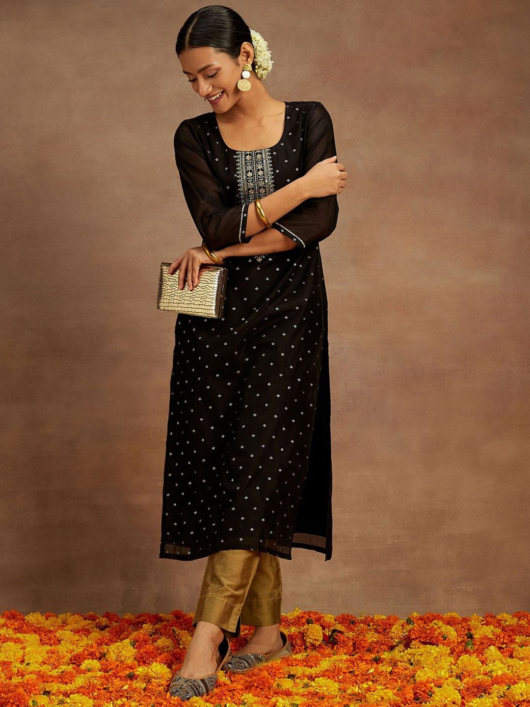 Libas Floral Sequinned Embroidered Chanderi Silk Straight Kurta