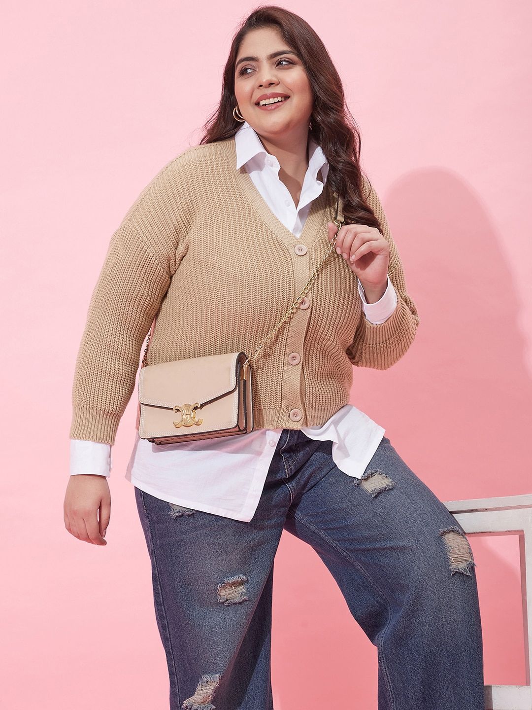 CURVY STREET Women Ribbed Acrylic Crop Cardigan