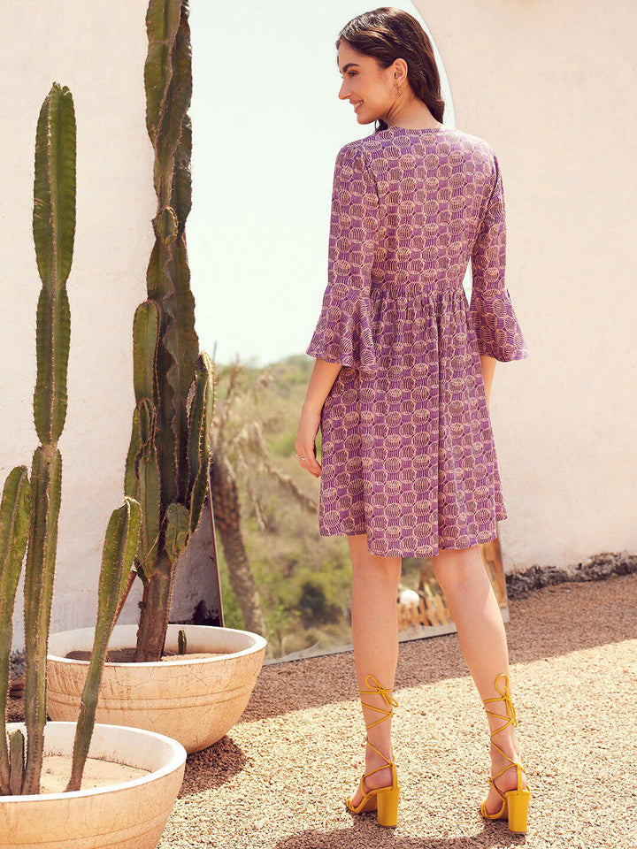 STREET 9 Lavender & Beige Printed Bell Sleeve Fit & Flare Dress