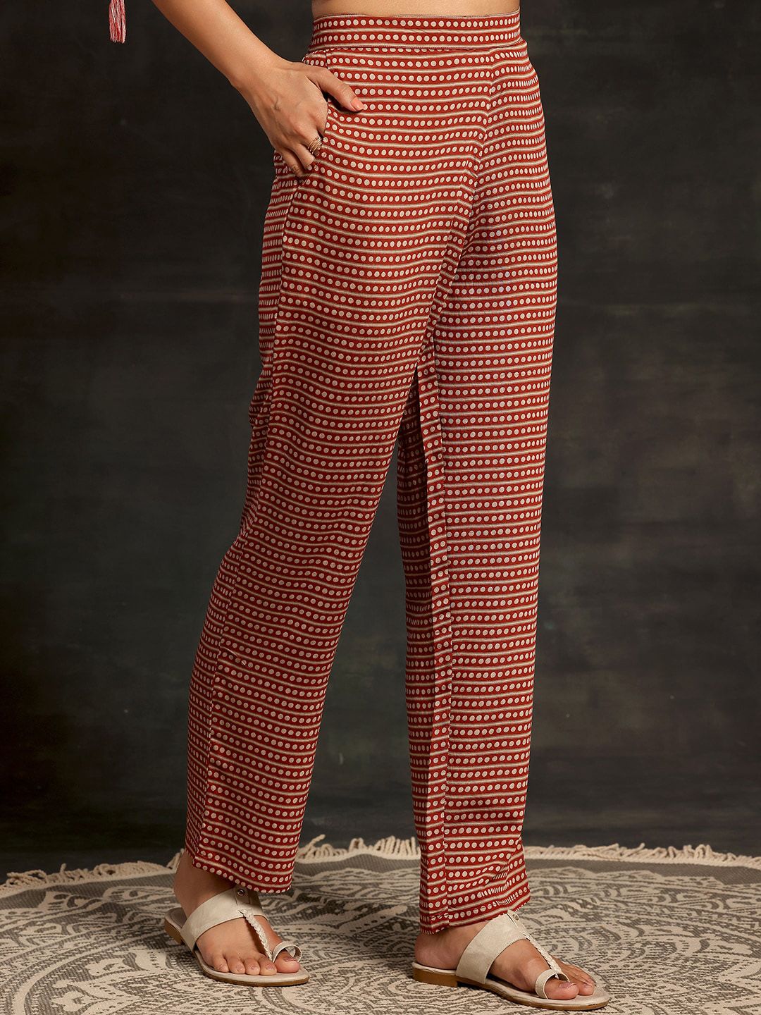 Libas Floral Printed Tie-Up Neck Three-Quarter Sleeves Sequinned Kurta with Trousers