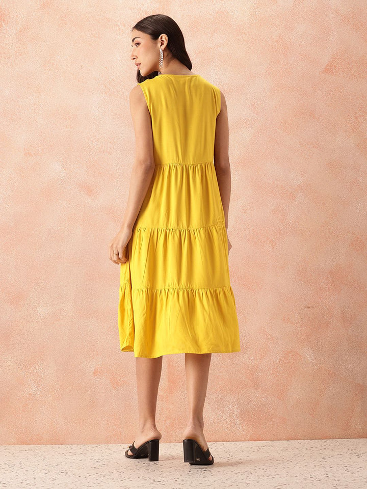 all about you Tie-Up Neck A-Line Tiered Midi Dress