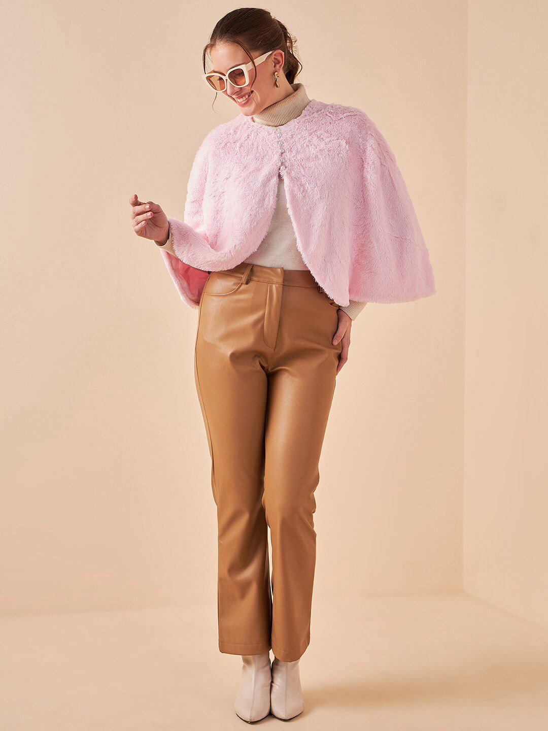 Antheaa V-Neck Three-Quarter Sleeve Button Detail Poncho Sweater