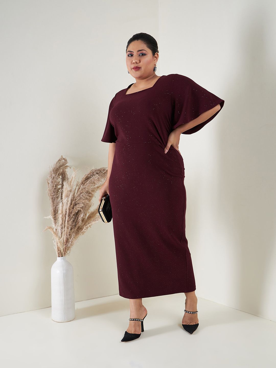 SASSAFRAS Curve Plus Size Flared Sleeves Square Neck Maxi Sheath Dress