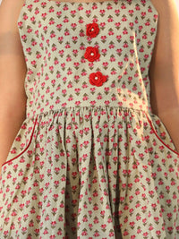 VASTRAMAY Girls Floral Printed Shoulder Straps Gathered Detail Cotton Fit & Flare Dress