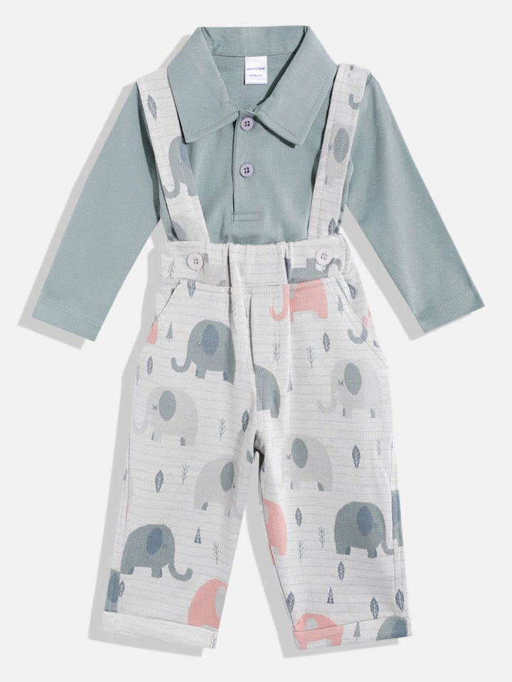 Moms Love Infant Boys Pure Cotton Printed Dungarees with Solid T-shirt