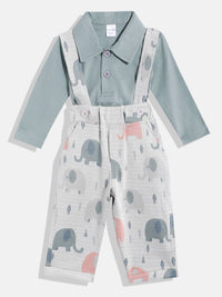 Moms Love Infant Boys Pure Cotton Printed Dungarees with Solid T-shirt