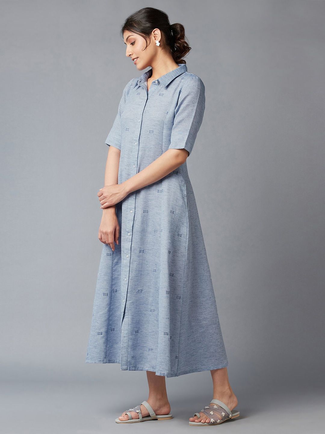 W Women Blue Shirt Collar Midi Dress