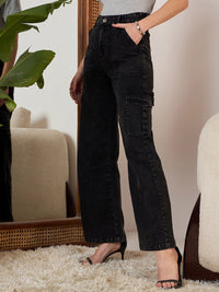 Berrylush Black Women Straight Fit High-Rise Clean Look Stretchable Jeans