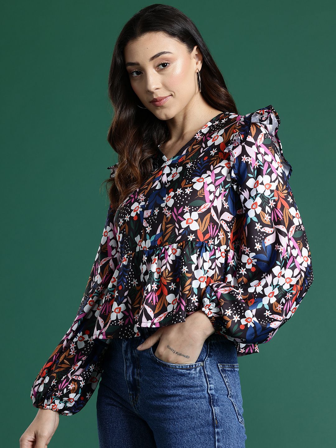 DressBerry Floral Print Puff Sleeve A-line Top