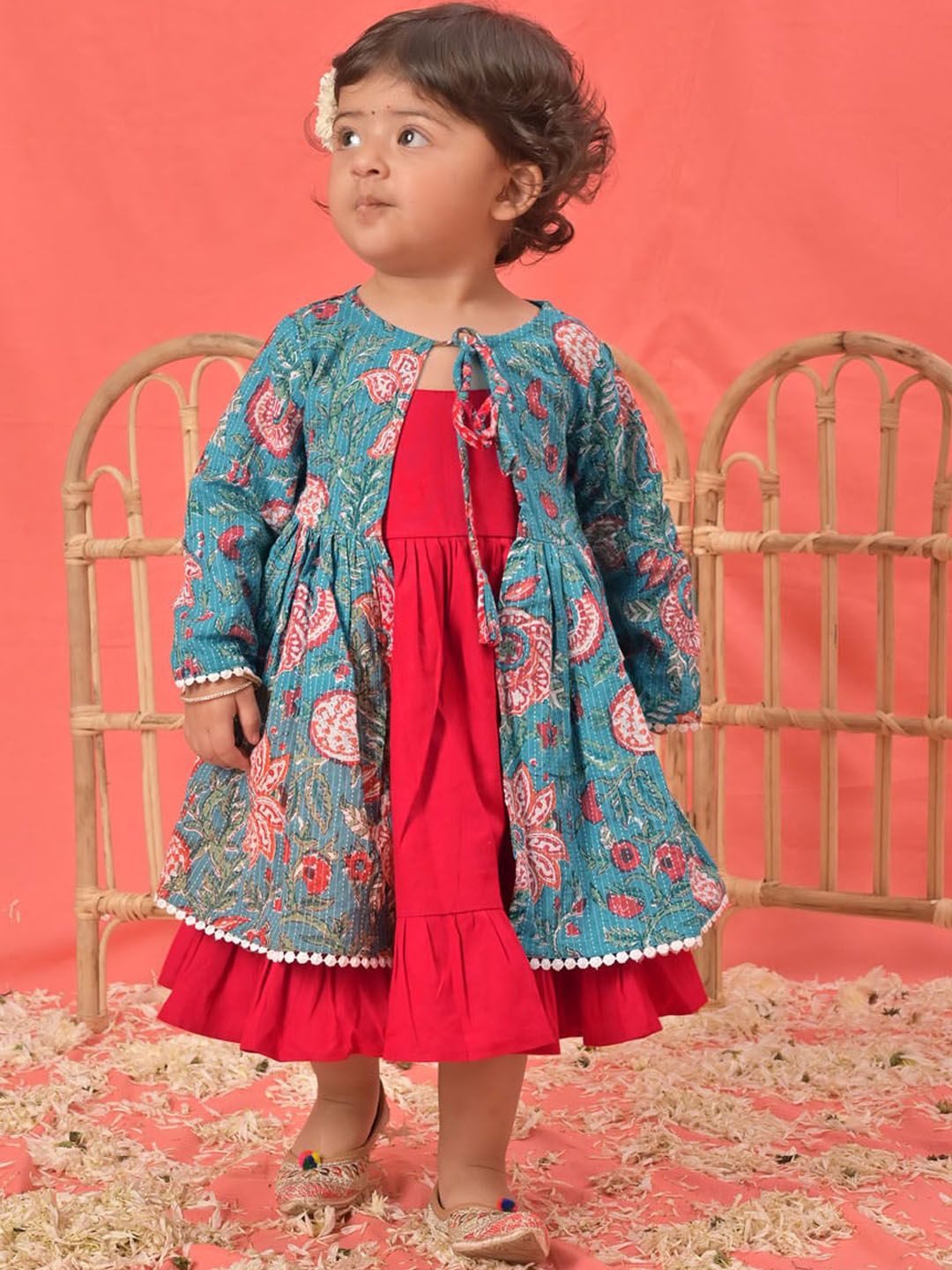 VASTRAMAY Girls Cotton Dress With Printed Jacket