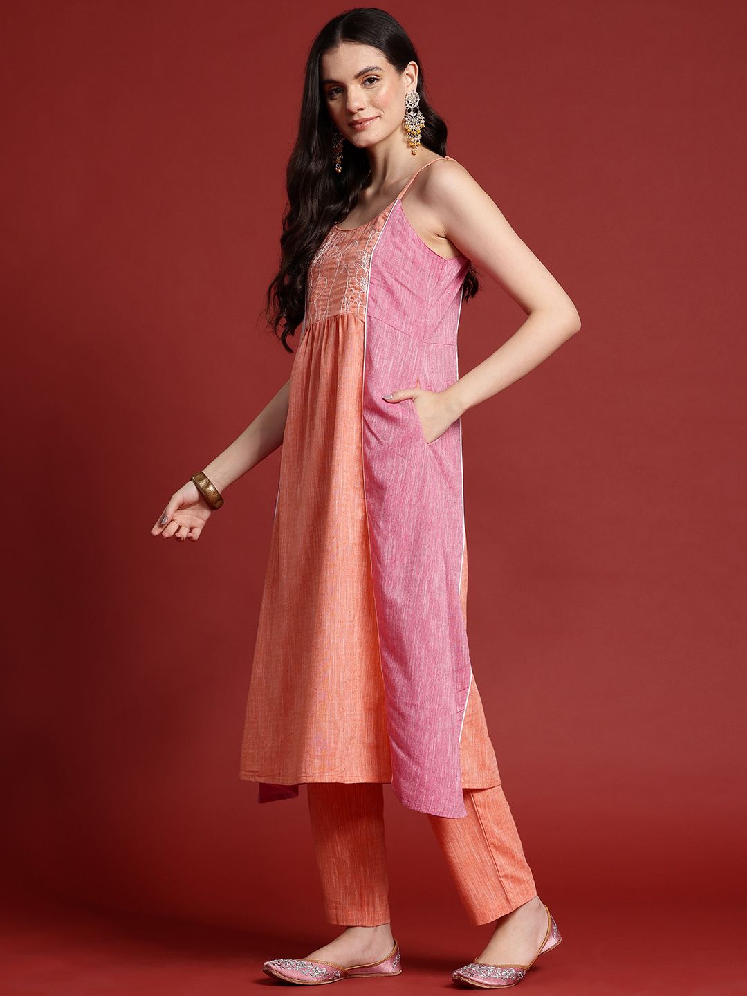 Anouk Colourblock Thread Work A-Line Kurta with Trousers