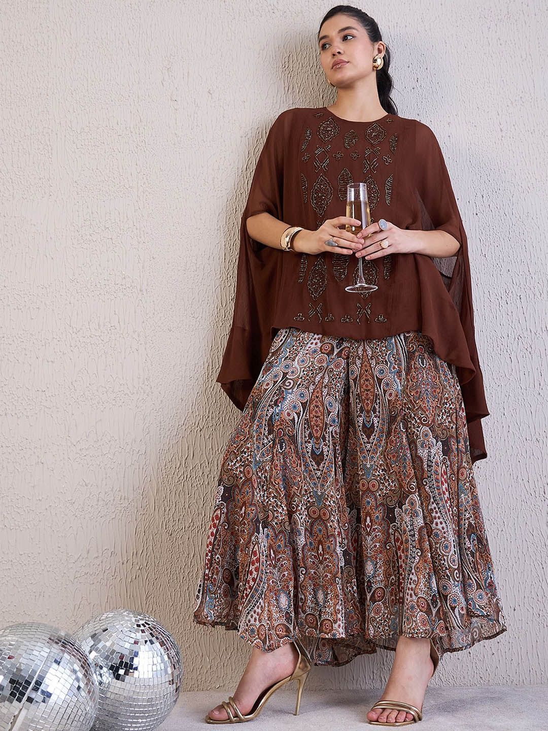 Antheaa Brown Embellished Round Neck Short Sleeves Top & Palazzos