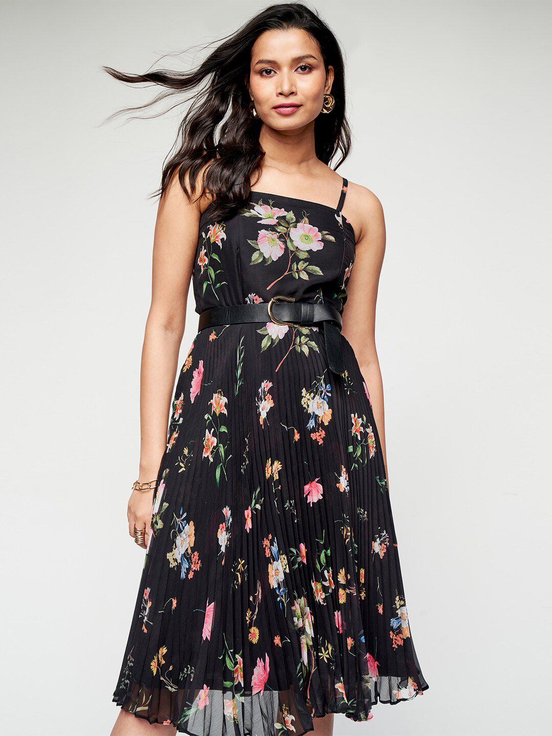 AND Floral Printed Accordion Pleated Detailed Fit & Flare Dress