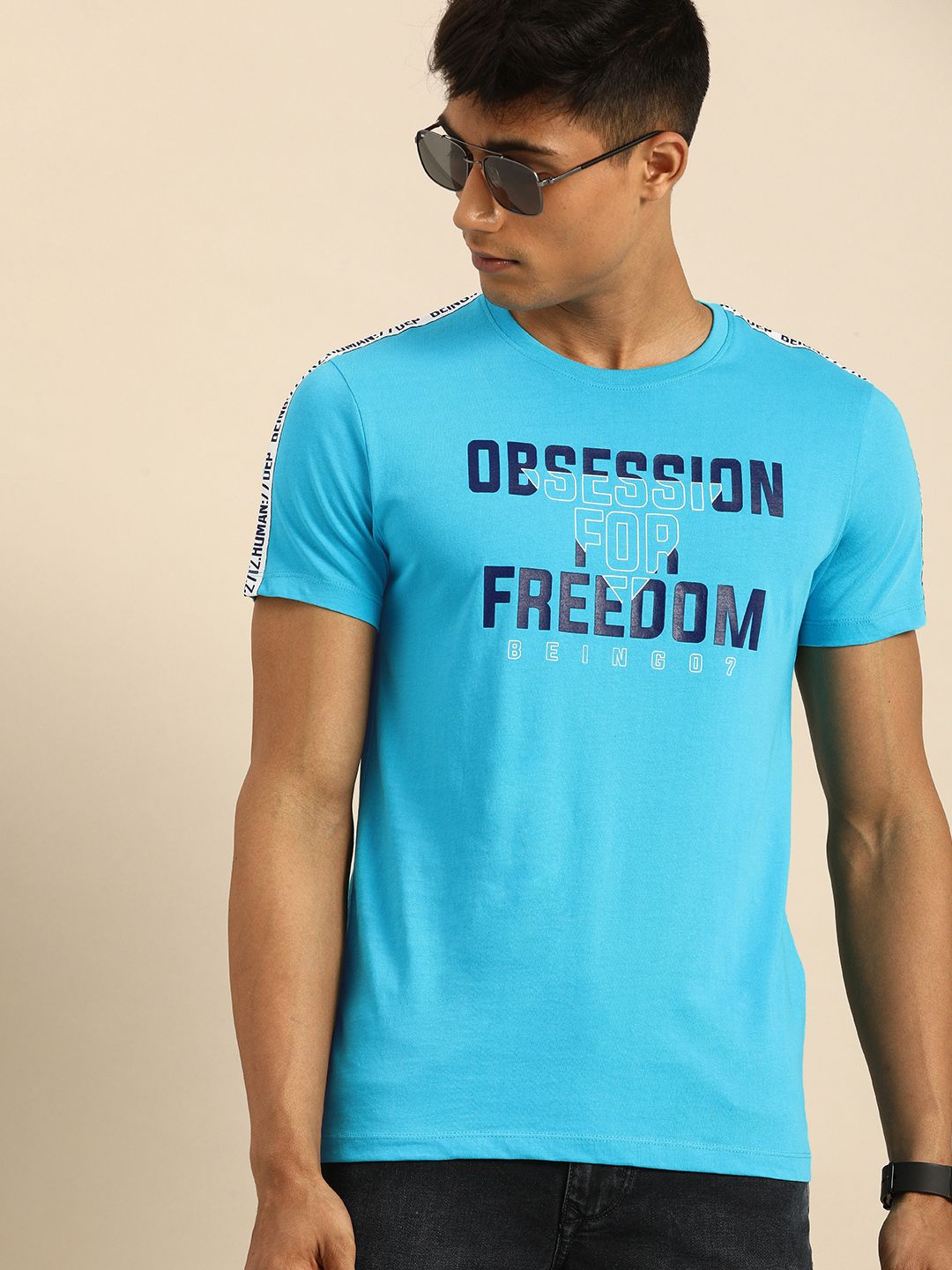 Being Human Men Blue Printed Round Neck Pure Cotton T-shirt