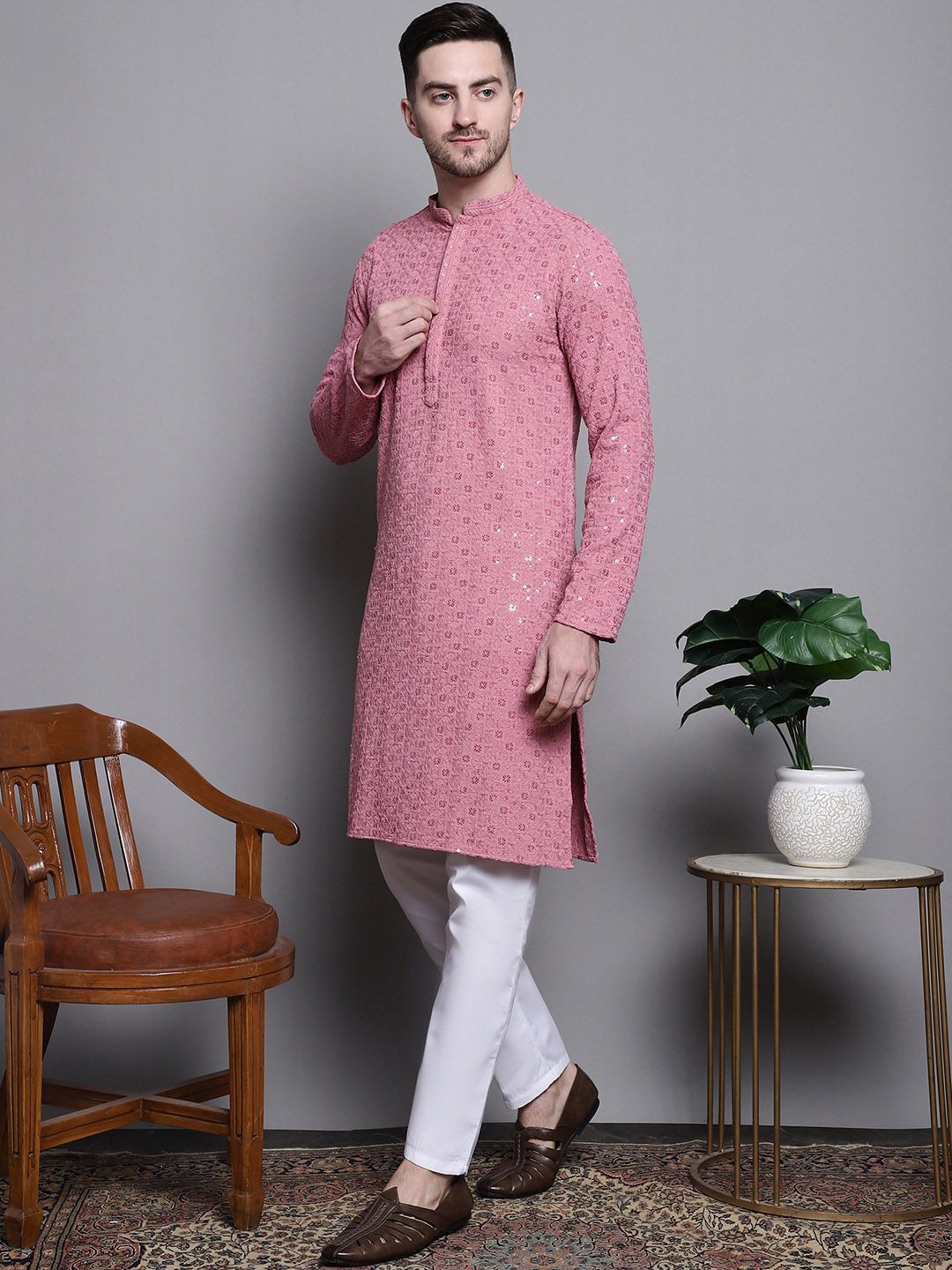 Jompers Geometric Self Design Thread Work Pure Cotton Kurta With Pyjamas