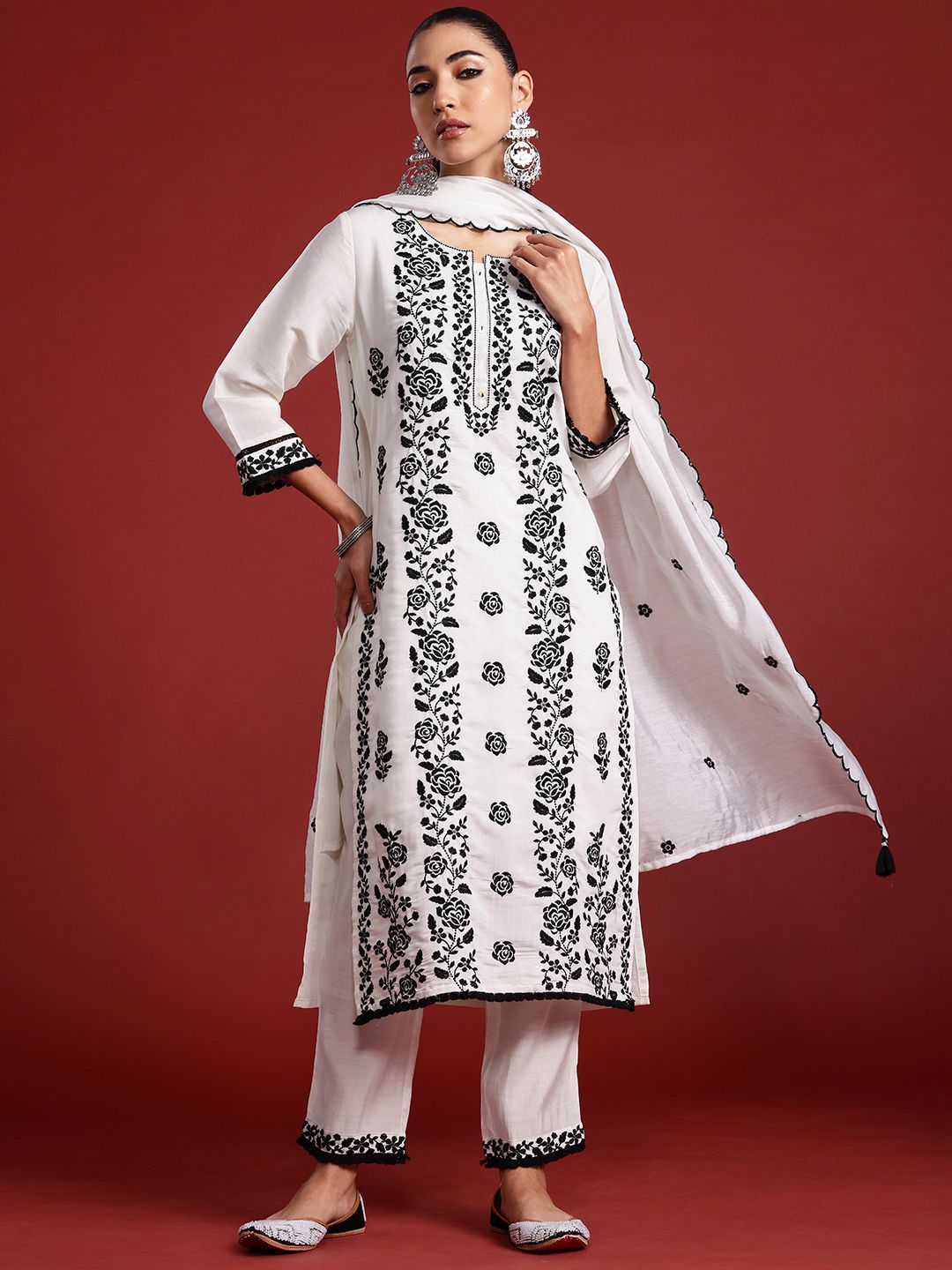 Indo Era Floral Embroidered Thread Work Kurta With Trousers & Dupatta