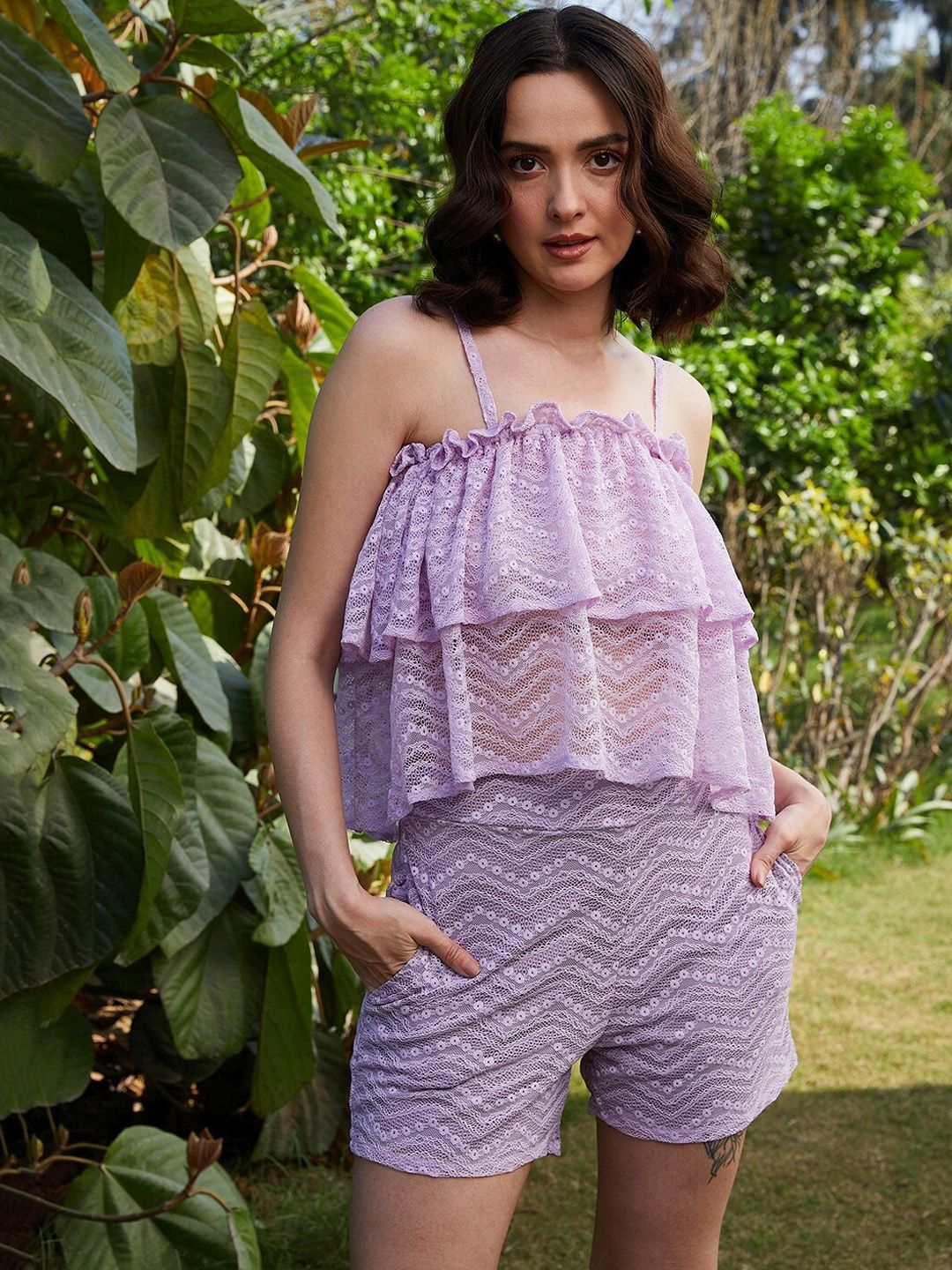 Athena Self-Designed Floral Lace Top With Shorts