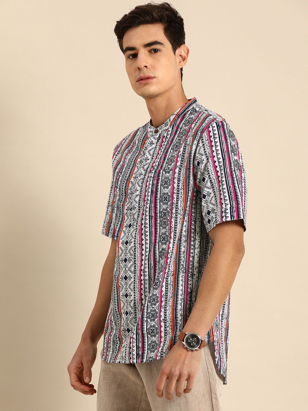 Anouk men white & navy blue kurta