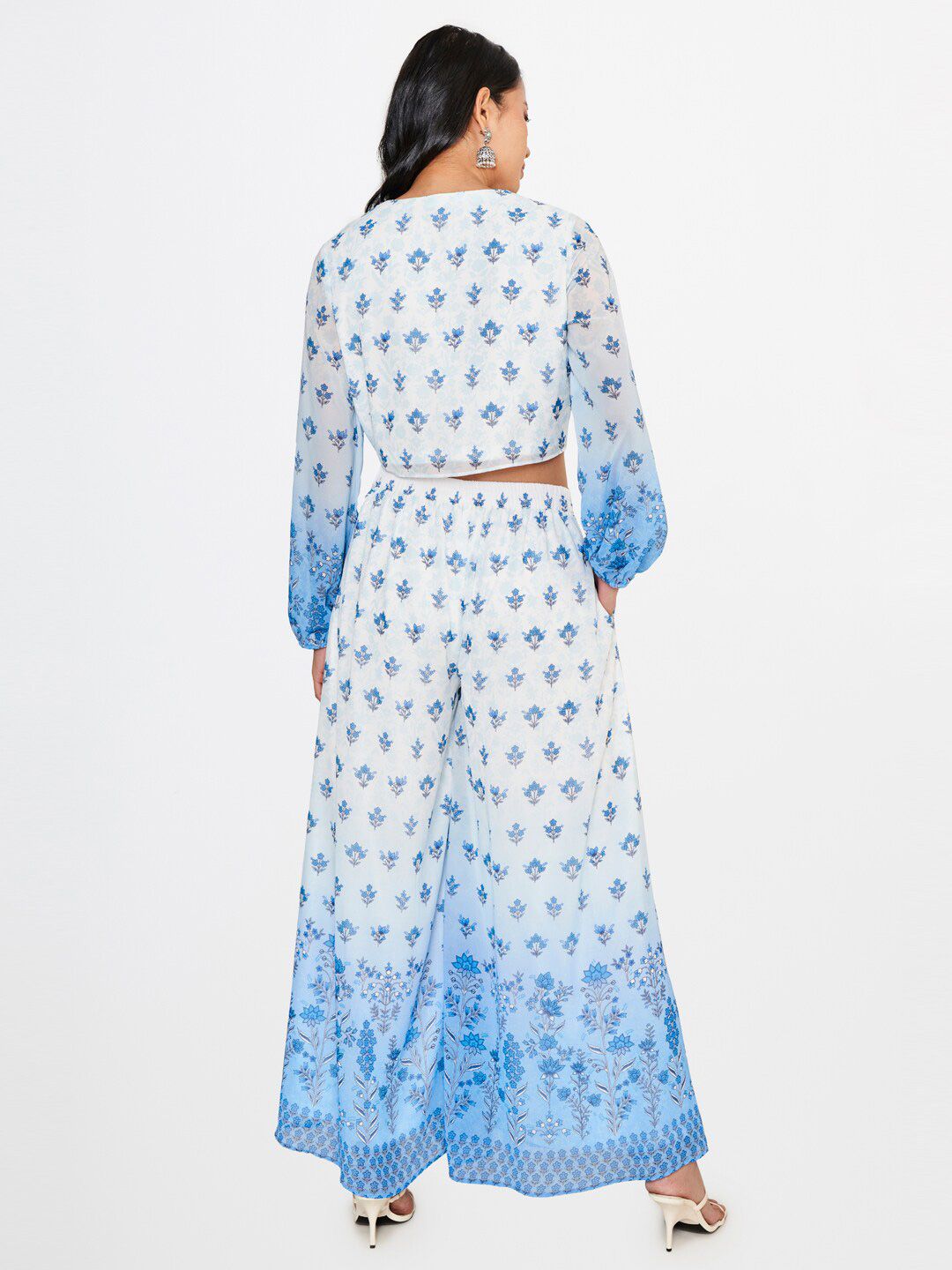 Global Desi Blue & White Printed Top with Palazzo