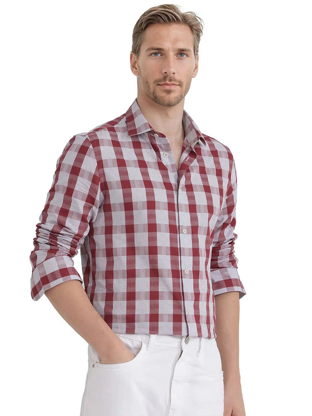 RARE RABBIT Comfort Spread Collar Checked Pure Cotton Casual Shirt