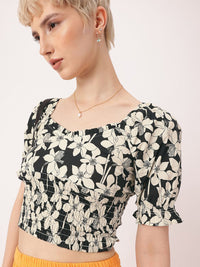 DressBerry Floral Finesse Whimsy Puff Sleeves Crop Top