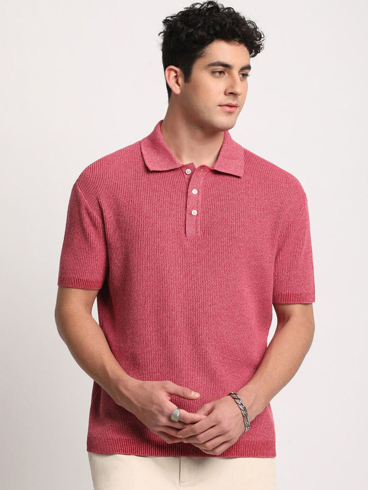 THE BEAR HOUSE Men Self Design Slim Fit Cotton Polo Collar T-Shirt