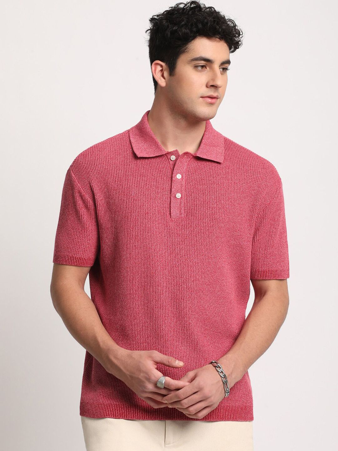 THE BEAR HOUSE Men Self Design Slim Fit Cotton Polo Collar T-Shirt