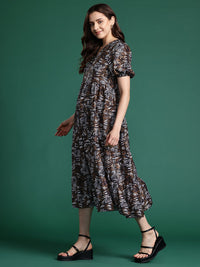 DressBerry Printed Fit & Flare Tiered Midi Dress