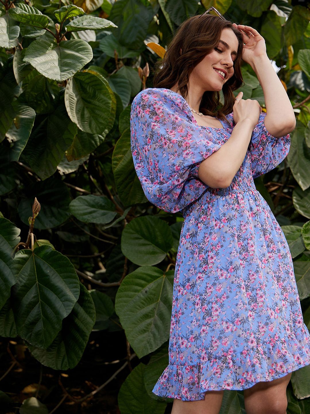 SASSAFRAS Floral Printed Smocked Fit & Flare Mini Dress