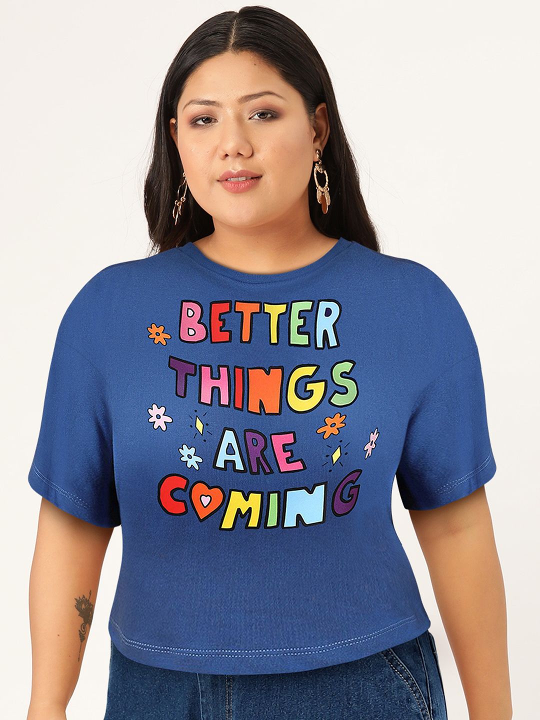 STREET 9 Women Blue Typography Printed Oversized Crop T-shirt