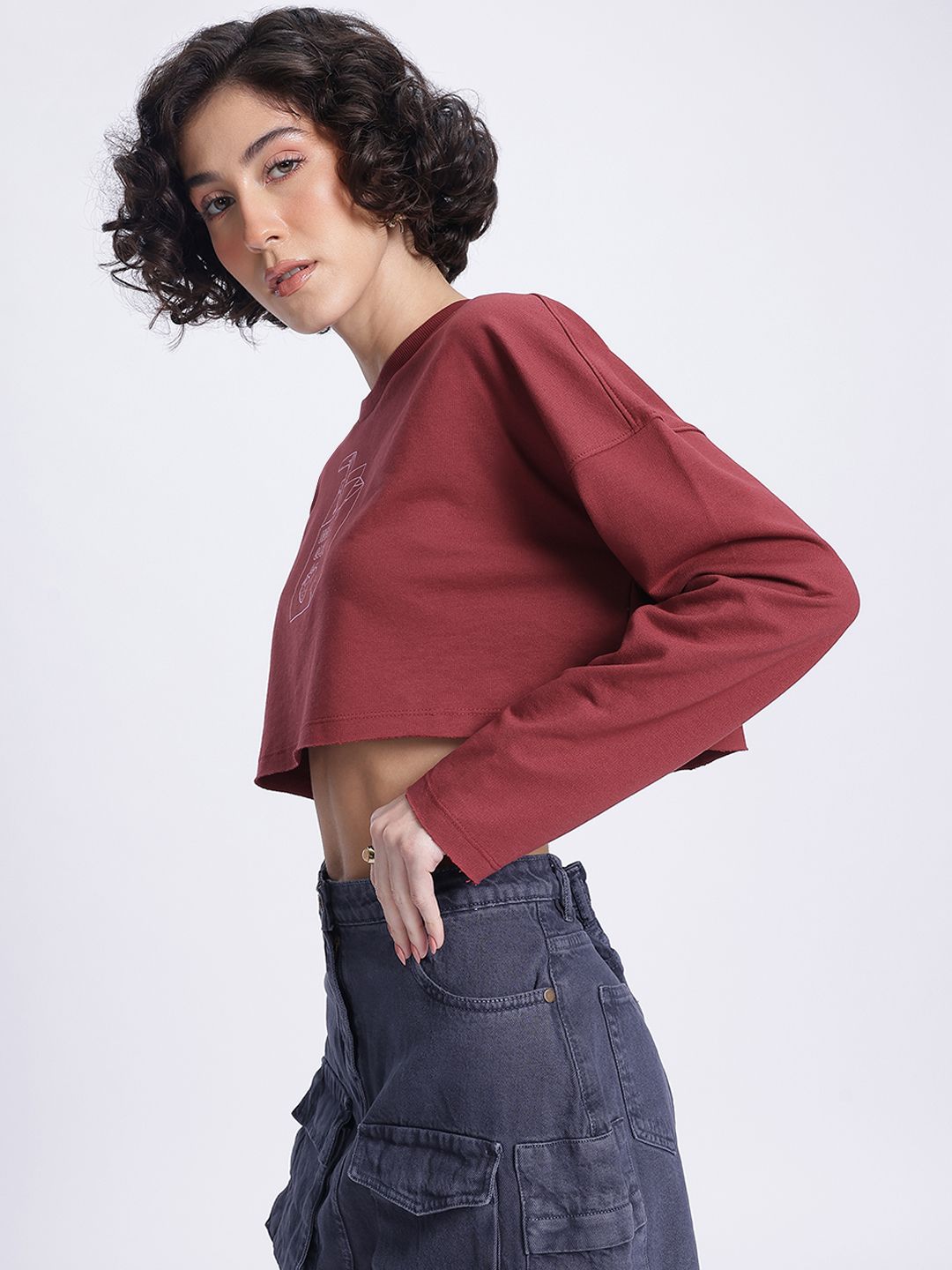 DressBerry Texture Printed Boxy Crop Sweatshirt